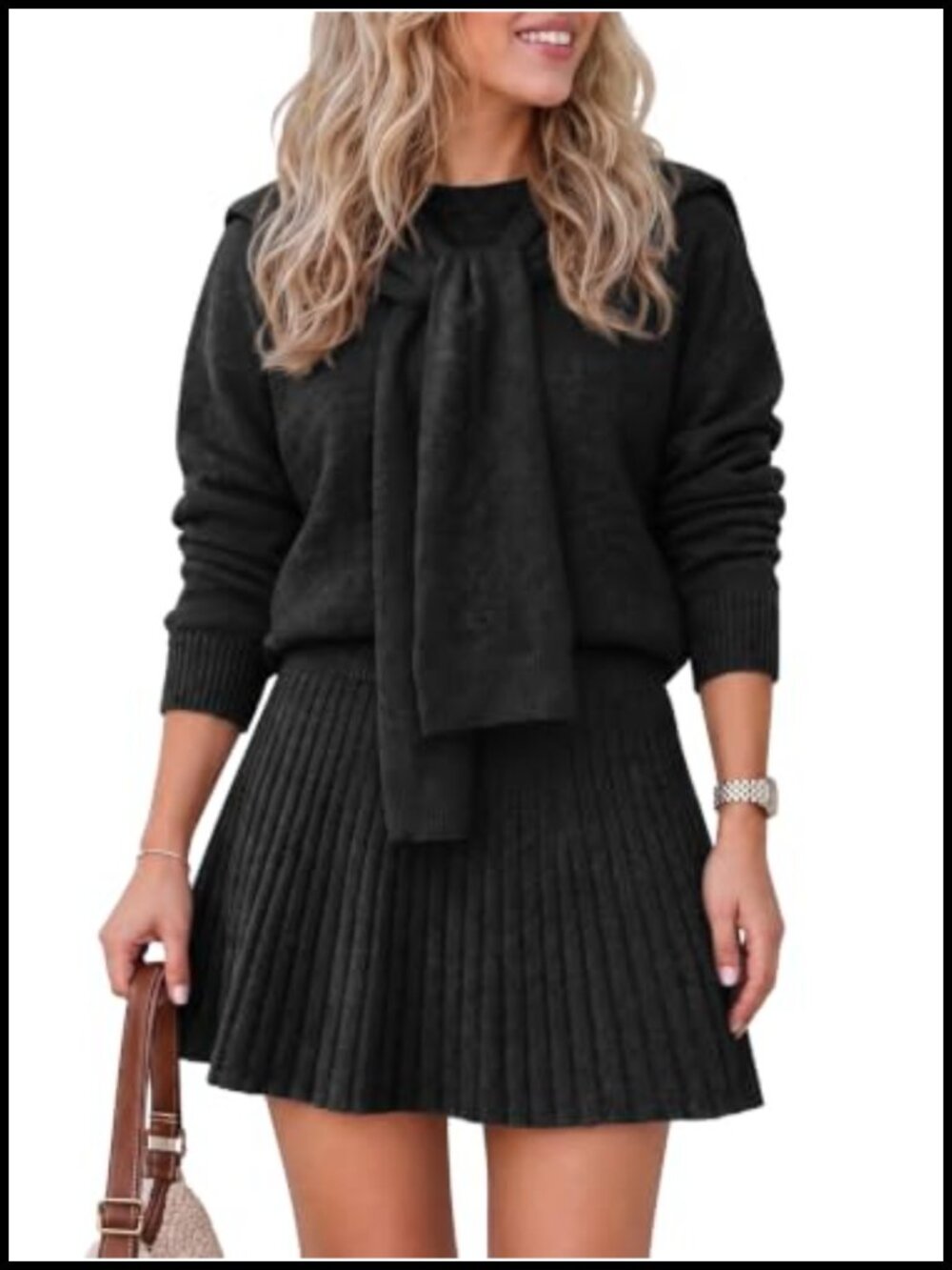 Ribbed Knit 2 Piece Sweater Skirt Set Crew Neck Pullover A-Line